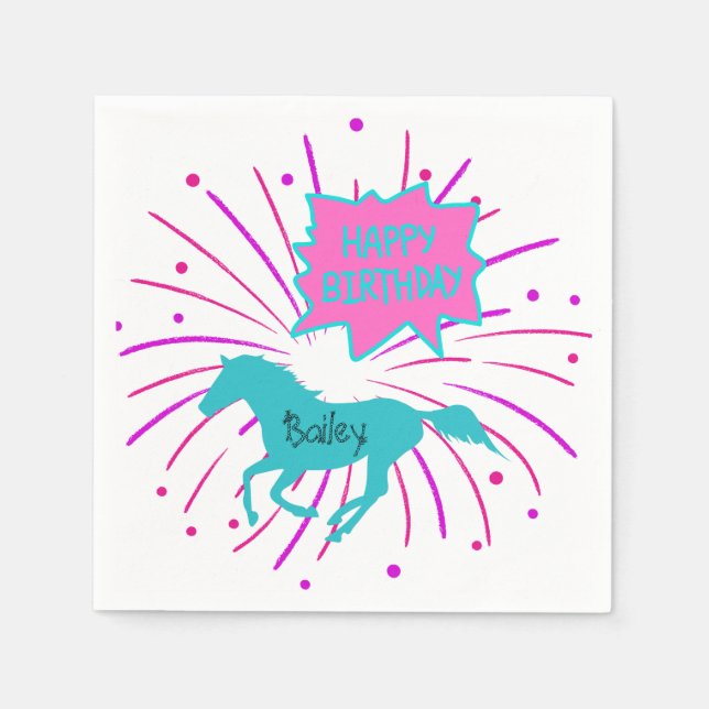 Horse Happy Birthday Pink Purple Turquoise  Napkins (Front)