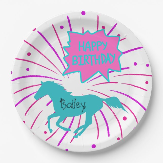 Horse Happy Birthday Pink Purple Turquoise  Paper Plates (Front)