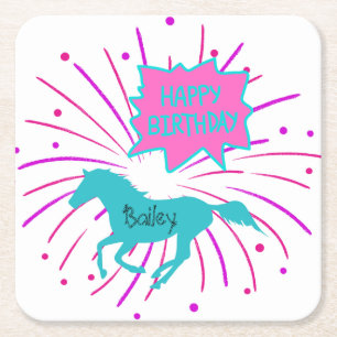 Horse Happy Birthday Pink Purple Turquoise  Square Paper Coaster