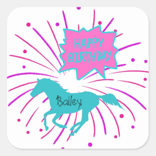 Horse Happy Birthday Pink Purple Turquoise  Square Sticker