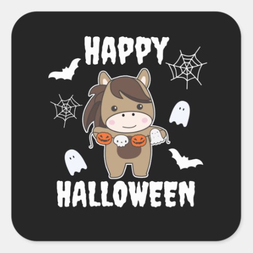 Horse Happy Halloween Pumpkin Bat Costume Square Sticker