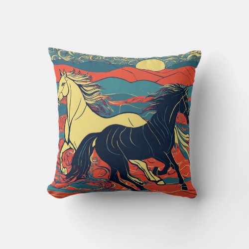 Horse Harmony Gauguins Equine Linocut Throw Pillow