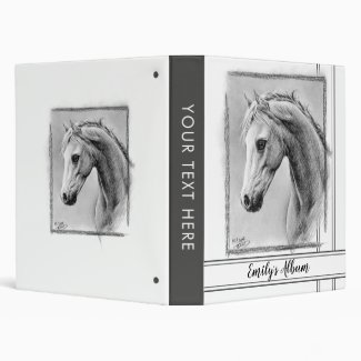Horse head Charcoal drawing Equine art Name Text 3 Ring Binder