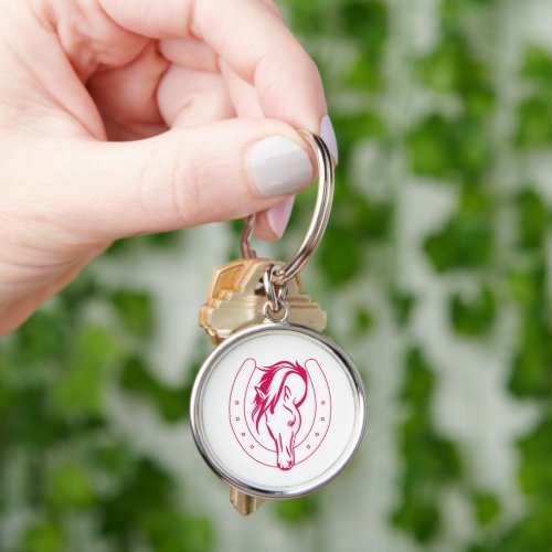 Horse head in horseshoe pink line art keychain