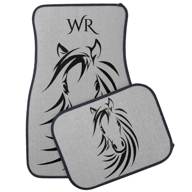 Horse Head on Gray Monogram Car Floor Mat (Set)