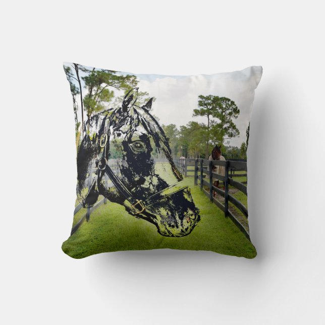 horse head over horse at fence throw pillow (Front)