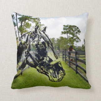 horse head over horse at fence throw pillow