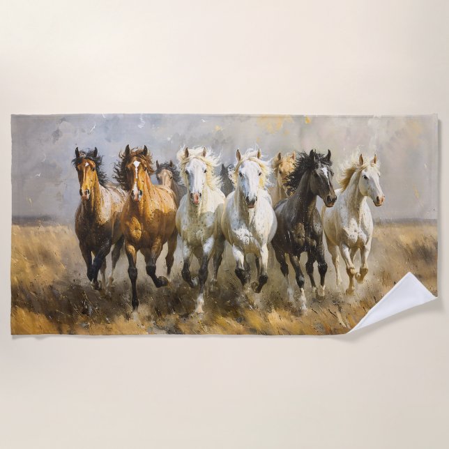 Horse Herd Galloping Mustang Painting Beach Towel (Front)