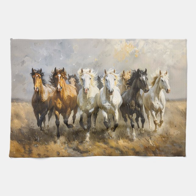 Horse Herd Galloping Mustang Painting Kitchen Towel (Horizontal)