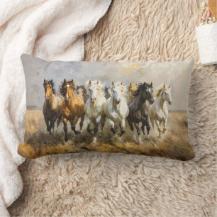 Horse Herd Galloping Mustang Painting Lumbar Pillow