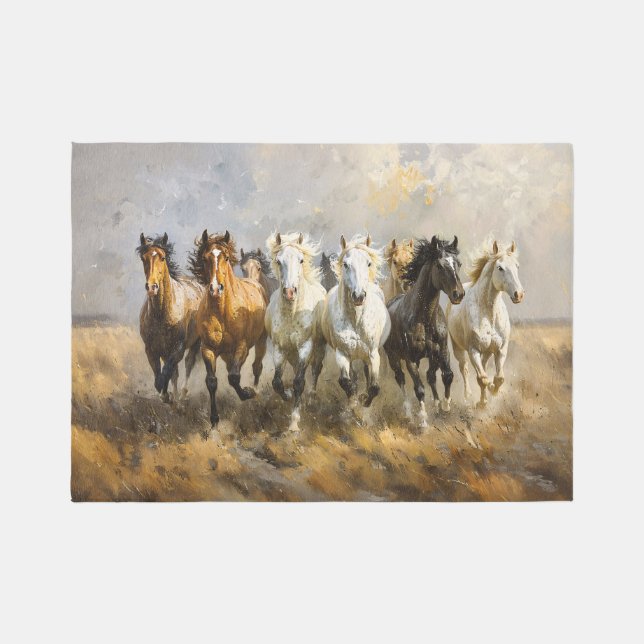 Horse Herd Galloping Mustang Painting Outdoor Rug (Front)