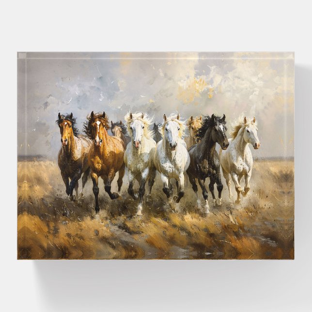 Horse Herd Galloping Mustang Painting Paperweight (Front)