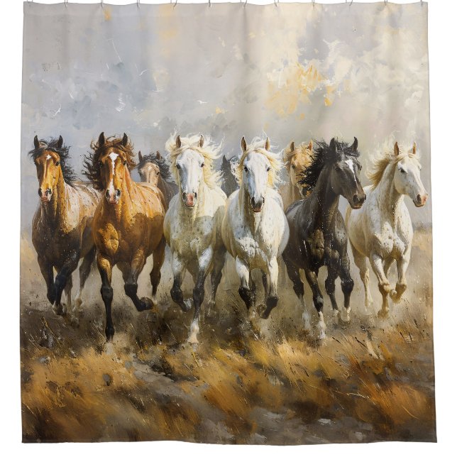 Horse Herd Galloping Mustang Painting Shower Curtain (Front)
