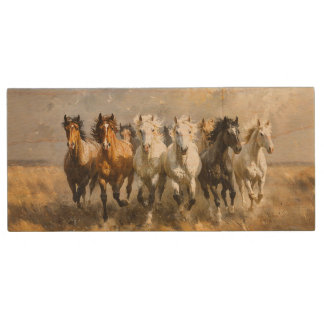 Horse Herd Galloping Mustang Painting Wood Flash Drive