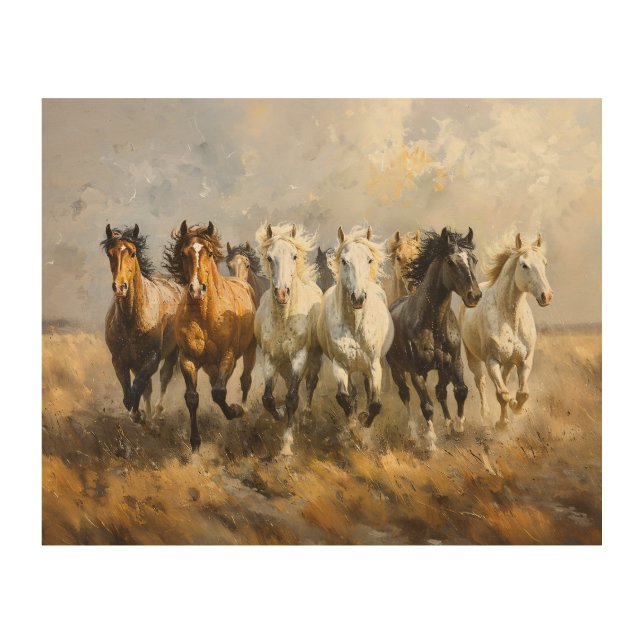 Horse Herd Galloping Mustang Painting Wood Wall Art (Front)