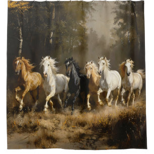 Horse Herd in the Forest Painting Shower Curtain