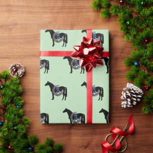 horse, horse shoe and blue ribbon wrapping paper
