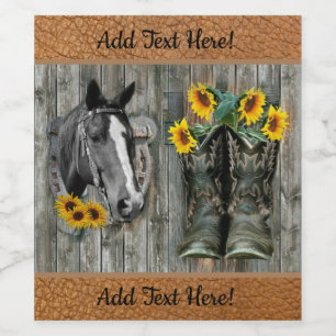 Horse Horseshoe Cowboy boots Sunflowers Wine Label