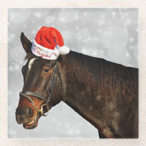 Horse in a Christmas Hat Glass Coaster