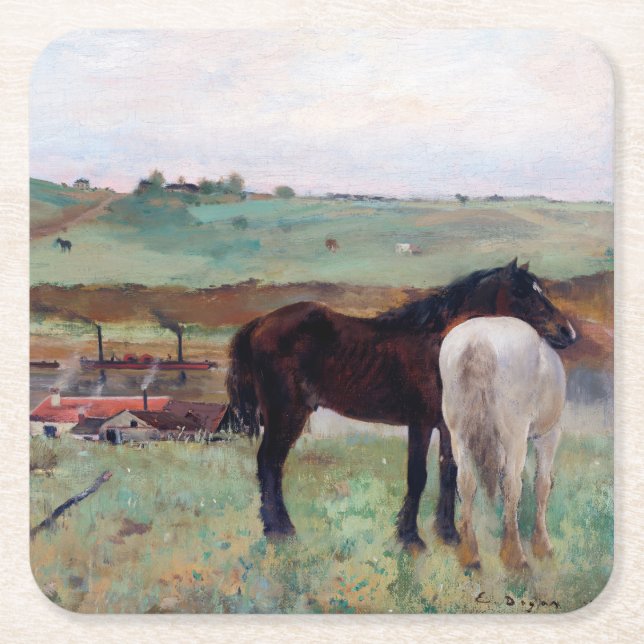 Horse in a Meadow, Edgar Degas Square Paper Coaster (Front)