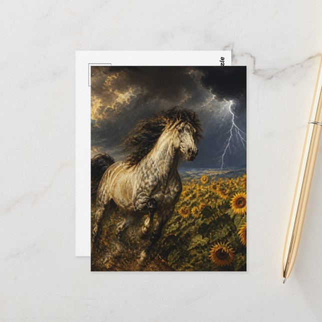  horse in a sunflower field during a thunderstorm postcard (Front/Back In Situ)