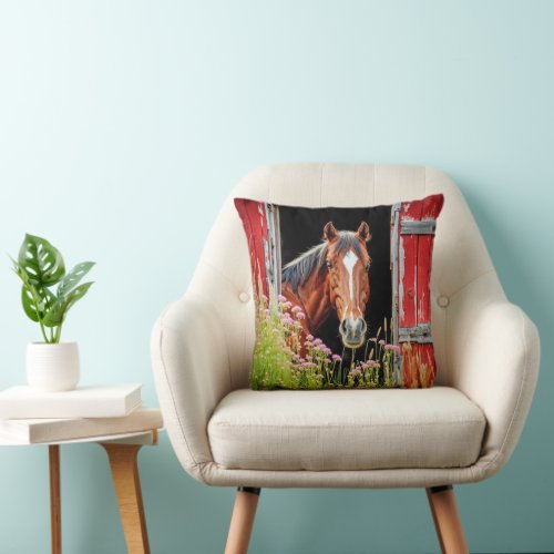 Horse In Barn Door With Wildflowers Throw Pillow
