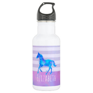 Horse in Blue and Purple Watercolor Personalized Water Bottle