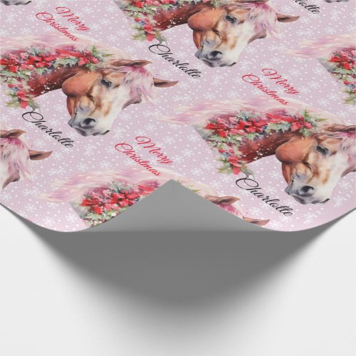 Horse In Christmas Ribbons Add Girls Name Pink Wrapping Paper