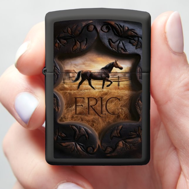 Horse In Field With Sunset Zippo Lighter (In Hand)