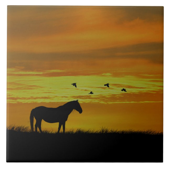 Horse in Golden Sunset with Birds Ceramic Tile (Front)