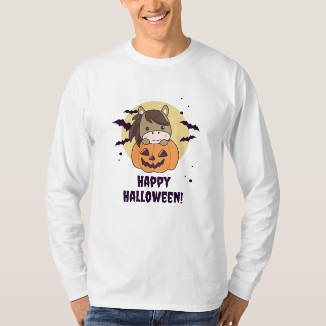 Horse In Pumpkin Sweet Horses Happy Halloween T-Shirt (Front)