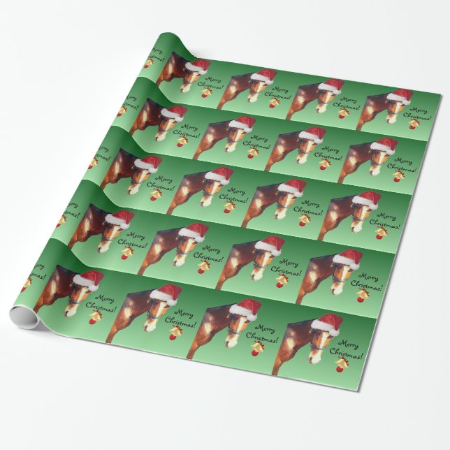 Horse in Santa Hat Christmas Wrapping Paper (Unrolled)