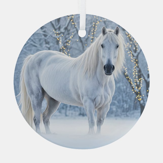 Horse in Snow Pretty Christmas Holiday Glass Ornament (Back)