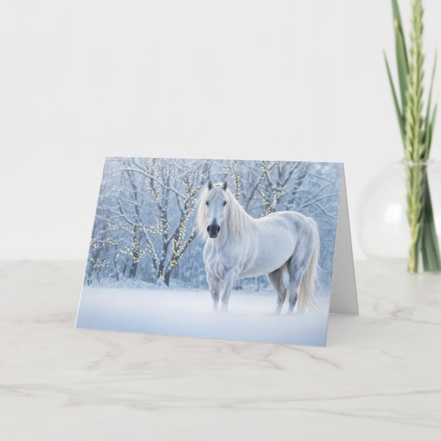 Horse in Snow with Lights Holiday Christmas Card (Front)
