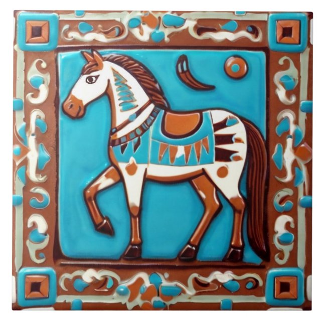 Horse in Southwestern colors Southwest Brown Blue Ceramic Tile (Front)