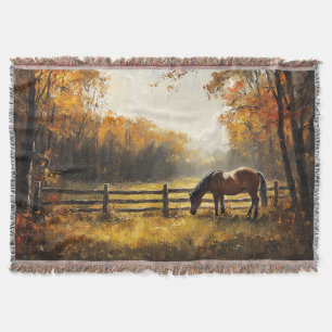 Horse in the Field Golden Hour Painting Throw Blanket