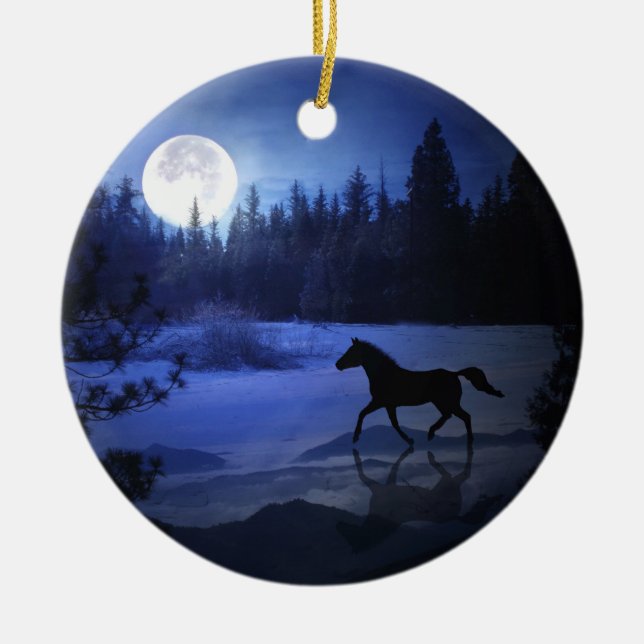 Horse in the Moonlight Snow Xmas Ornament (Front)