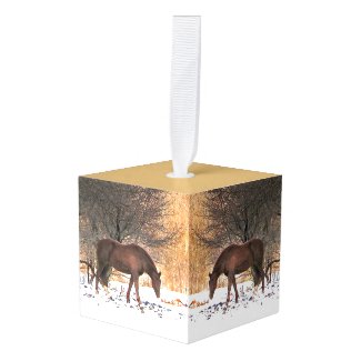 Horse in Winter Snow Animal Holiday Cube Ornament