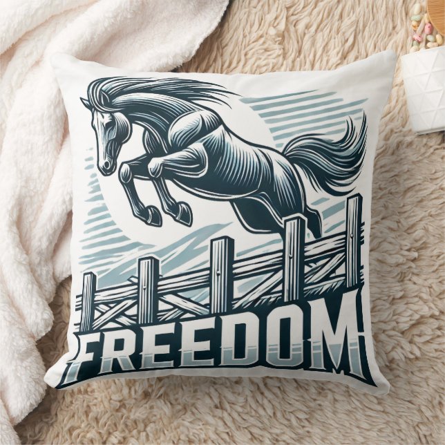 Horse Jumping Over the Freedom Wall Throw Pillow (Blanket)