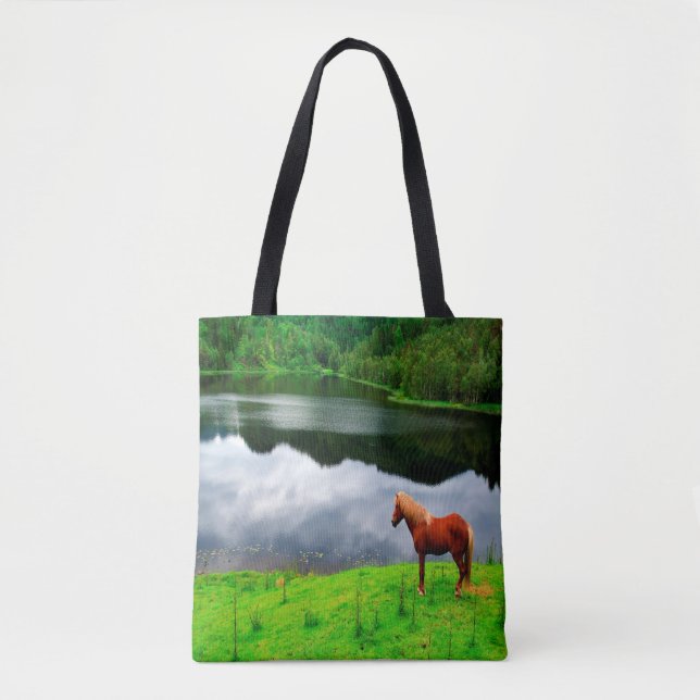 Horse lake landscape summer green tote bag (Front)