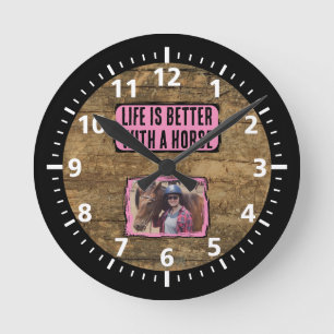 Horse lover 1 photo black pink rustic round clock