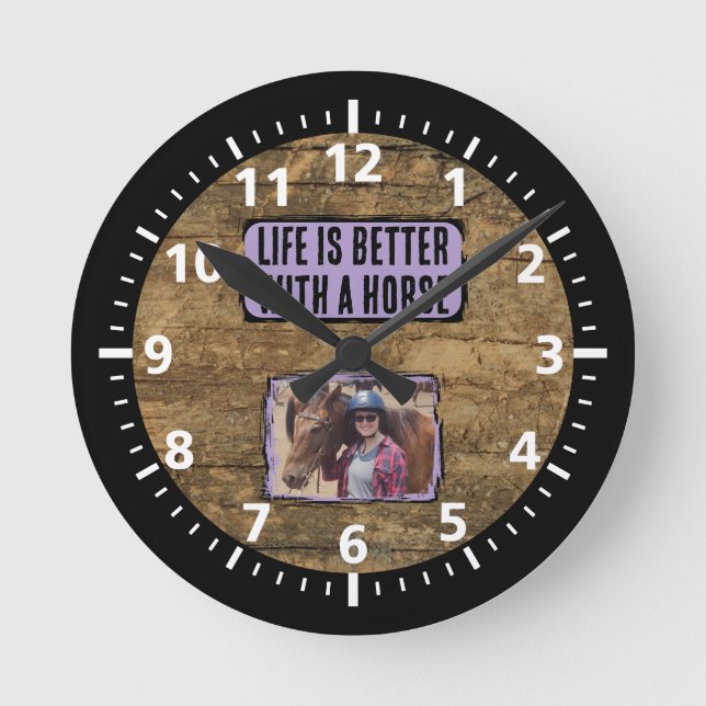 Horse lover 1 photo black purple rustic round clock (Front)
