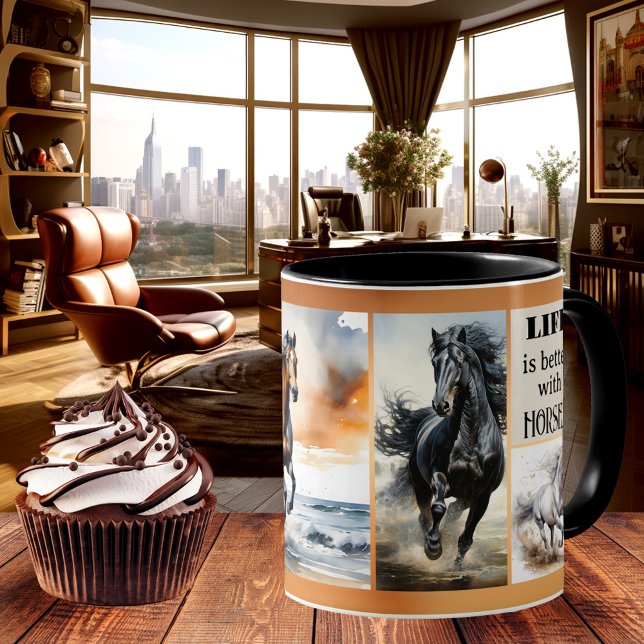 Horse Lover Custom Photo Coffee Mug (Elegant horse lover mug featuring your custom photos on a gold brown design)