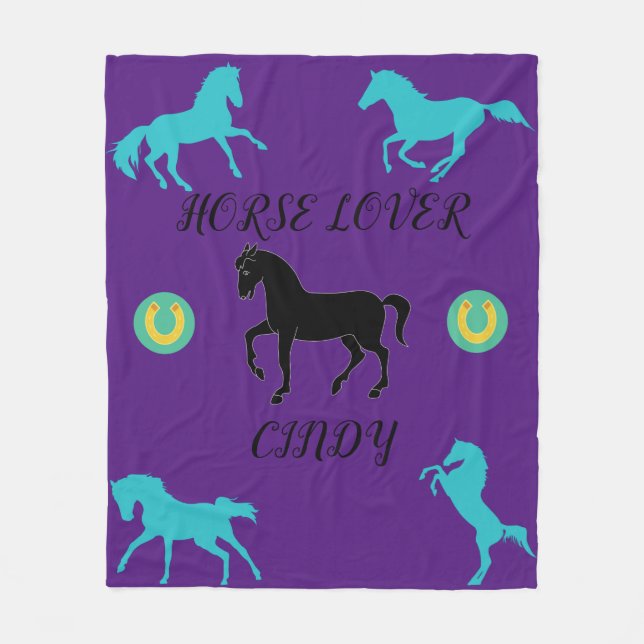 Horse Lover fleece blanket with personalized name. (Front)