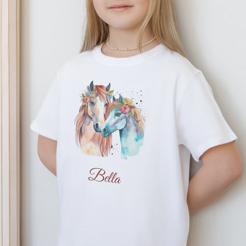 Horse lover kids name watercolor rider T_Shirt