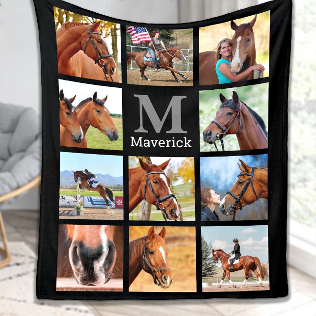 Horse Lover Personalized Monogram 11 Photo Collage Fleece Blanket (Creator Uploaded)