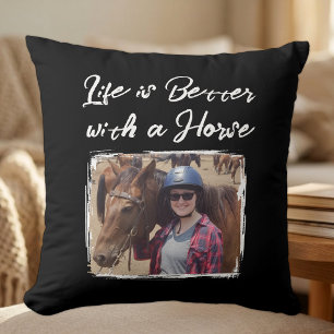 Horse lover photo black white throw pillow