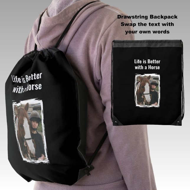 Horse lover photo equestrian white black drawstring bag (Creator Uploaded)