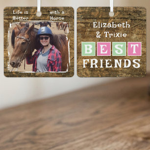 Horse lover photo names pink green rustic metal ornament