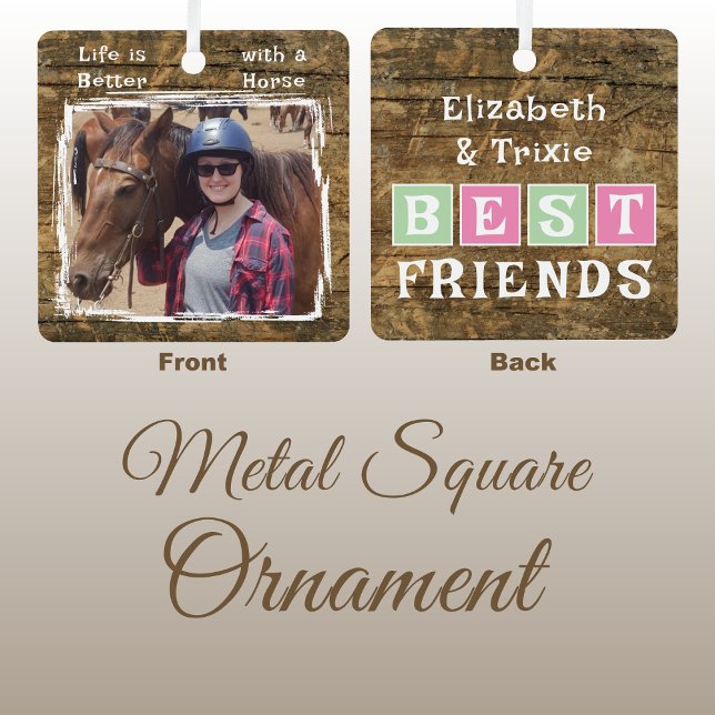Horse lover photo names pink green rustic metal ornament (Creator Uploaded)